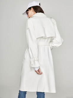 White Gathered Waist Bowknot Double-breasted Slim Trench Coat