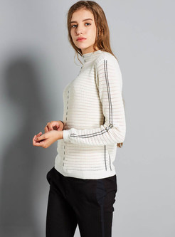 Mock Neck Color-blocked Striped Slim Sweater
