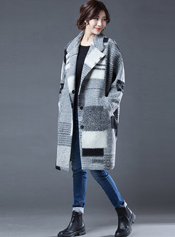 Color-blocked Notched Plaid Pocket Woolen Coat