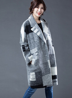 Color-blocked Notched Plaid Pocket Woolen Coat