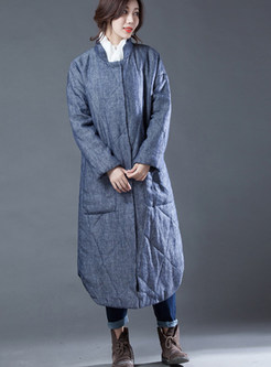 Fashion Pure Color Stand Collar Pocket Long Coat