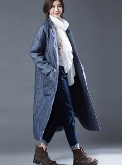Fashion Pure Color Stand Collar Pocket Long Coat