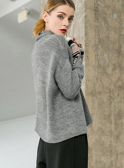 High Neck Long Sleeve Color-blocked Loose Sweater