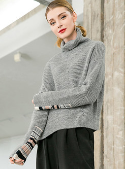 High Neck Long Sleeve Color-blocked Loose Sweater