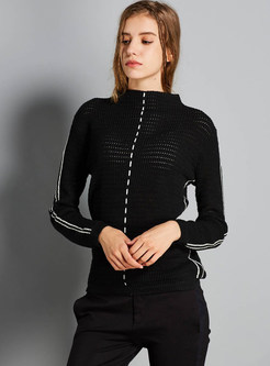 Black Slim Pullover Long Sleeve Color-blocked Sweater