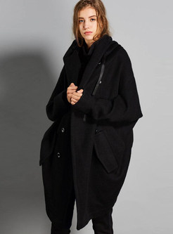 Solid Color Hooded Tied Double-breasted Loose Coat