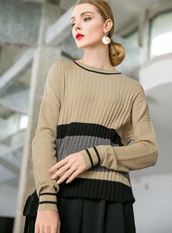 Fashion O-neck Long Sleeve Color-blocked Sweater