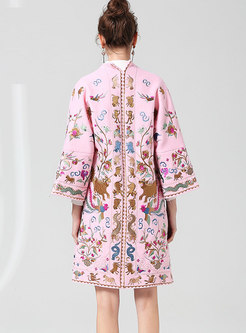 Ethnic Pink Embroidered Loose Woolen Coat