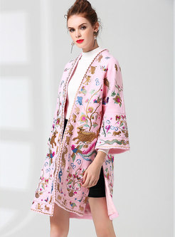 Ethnic Pink Embroidered Loose Woolen Coat