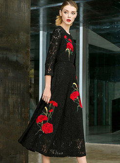 Black Lace Hollow Out Waist Embroidered Maxi Dress