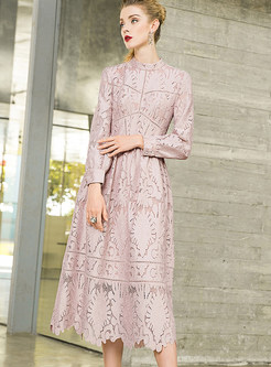 Solid Color Long Sleeve Hollow Out Lace A Line Dress