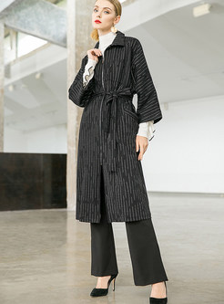 Lapel Striped Tie-waist Plus Size Trench Coat