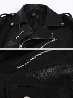 Black PU Turn Down Collar Zipper Short Coat