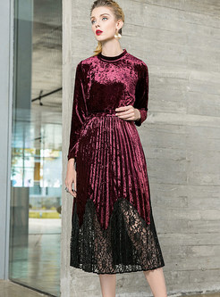 Long Sleeve Velvet Splicing Lace Hollow Out Dress