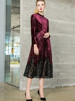 Long Sleeve Velvet Splicing Lace Hollow Out Dress