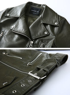  PU Solid Color Turn Down Collar Zipper Short Coat
