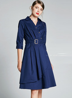 Solid Color Half Sleeve Lapel Waist Asymmetric Dress