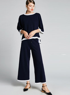 Casual Knitted O-neck T-Shirt & Wide Leg Pants