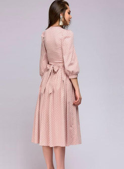 Fashion Pink Three Quarters Sleeve Dots Shirred A Line Dress