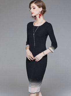 Autumn Black Color-block Knitted Bodycon Dress