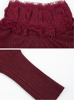 Wine Red Turtle Neck Patch Lace Slim T-Shirt