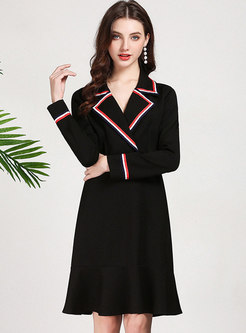 Color-blocked Notched High Waist Long Sleeve Knitted Dress