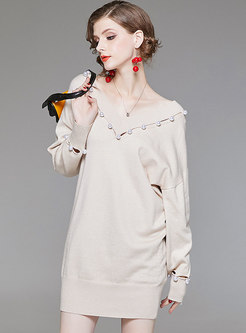 Brief Apricot V-neck Long Sleeve Wrap Knitted Dress With Bead