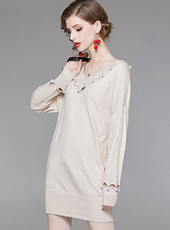Brief Apricot V-neck Long Sleeve Wrap Knitted Dress With Bead