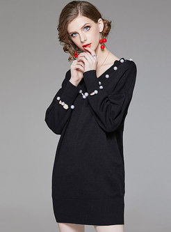 Black V-neck Long Sleeve Wrap Knitted Dress With Bead