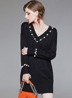 Black V-neck Long Sleeve Wrap Knitted Dress With Bead