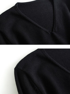 Brief Black V-neck Gathered Waist Belted Dots Sweater Dress