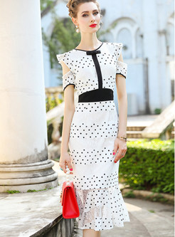 Color-blocked Polka Dot Off Shoulder Waist Lace Dress