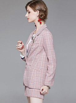 Casual Work Pink Plaid Notched Blazer & Straight Shorts