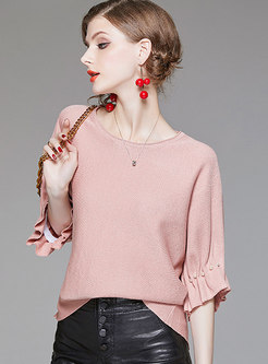 Stylish Pink Batwing Sleeve Beaded Knitted T-Shirt