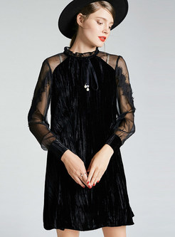 Fashion Standing Collar Perspective Lace Sleeve Velvet Dress
