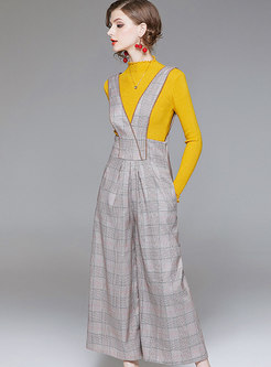 Fashion Yellow Knitting Sweater & Grid Strap Wide-leg Pants
