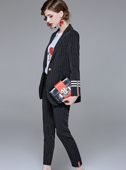 Work Stylish Black Blazer & Striped Slim Pencil Pants