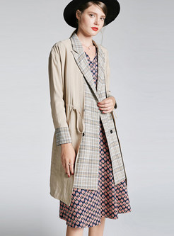 Notched Plaid Splicing Tie-waist Slim Trench Coat