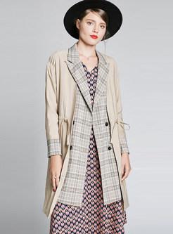 Notched Plaid Splicing Tie-waist Slim Trench Coat