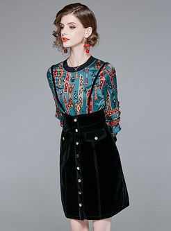 Autumn Ruffled Sleeve Print Top & High Waist Velvet Sling Dress 
