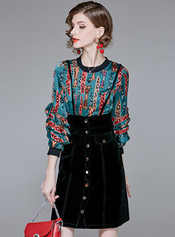 Autumn Ruffled Sleeve Print Top & High Waist Velvet Sling Dress 