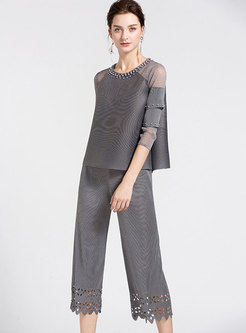 Casual Grey See-through Beaded Loose Top & Hollow Out Straight Pants