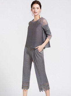 Casual Grey See-through Beaded Loose Top & Hollow Out Straight Pants