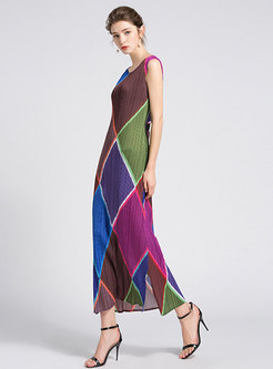 Color-blocked Stereoscopic Print Sleeveless Side-slit Slim Maxi Dress