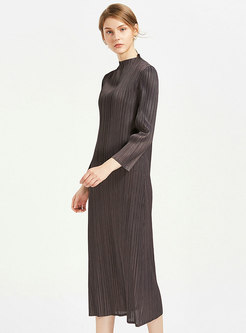 Brief Solid Color High Neck Long Sleeve Slim Dress
