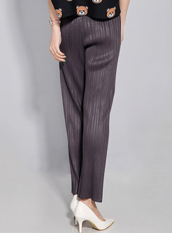 Casual Pure Color Elastic Waist Pleated Straight Pants