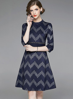 Three Quarters Sleeve Geometric Print Wave Striped Dress