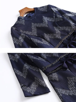 Three Quarters Sleeve Geometric Print Wave Striped Dress