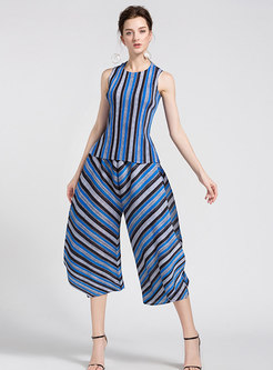 Striped O-neck Sleeveless Top & High Waist Asymmetric Harem Pants