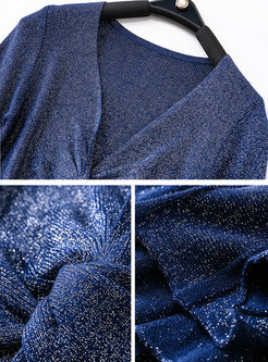 Deep V-neck Blue Sweater & Shimmer Pleat Wrap Midi Skirt